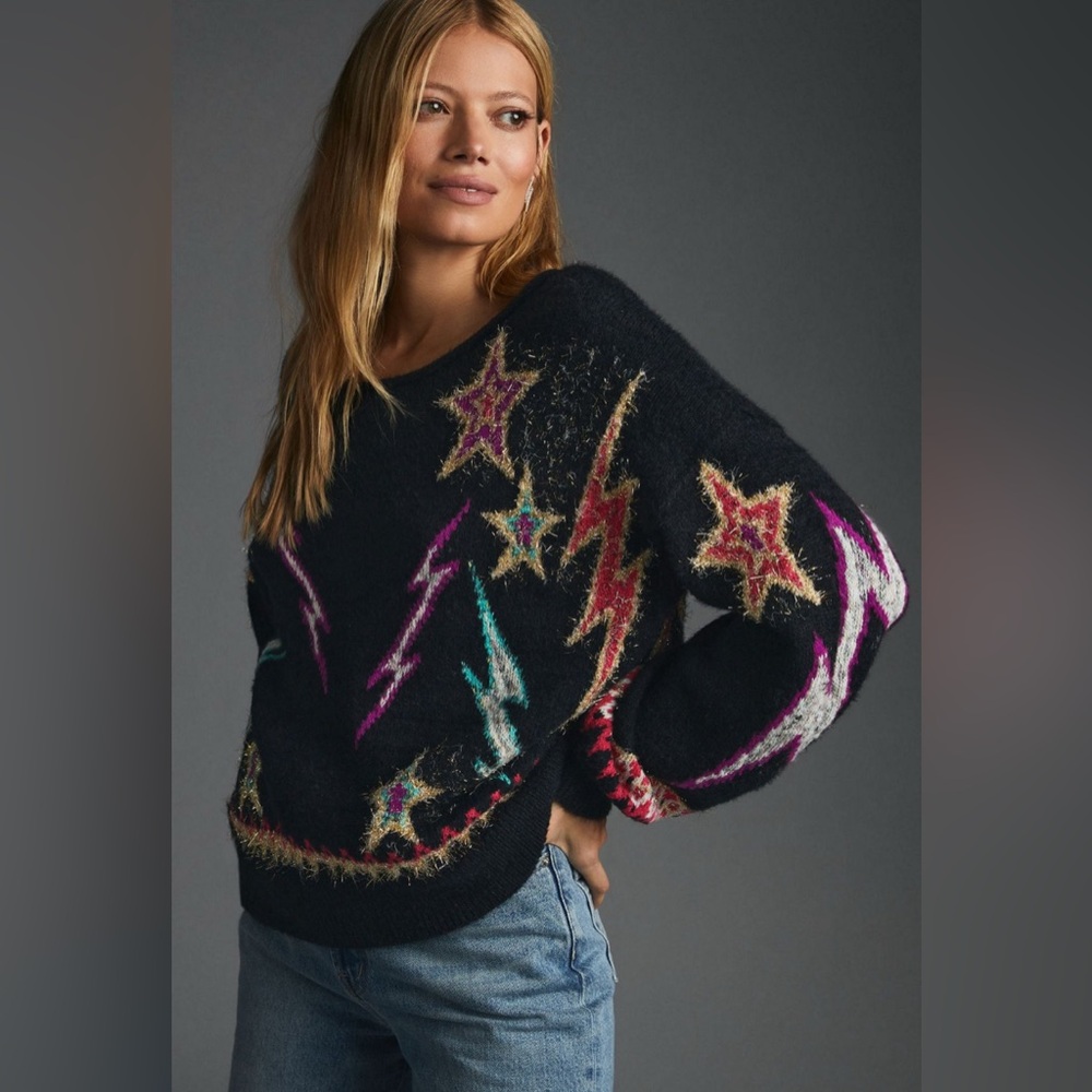 Anthropologie Pilcro sparkle pullover Black Off-the-Shoulder Star Sweater - Picture 2 of 8